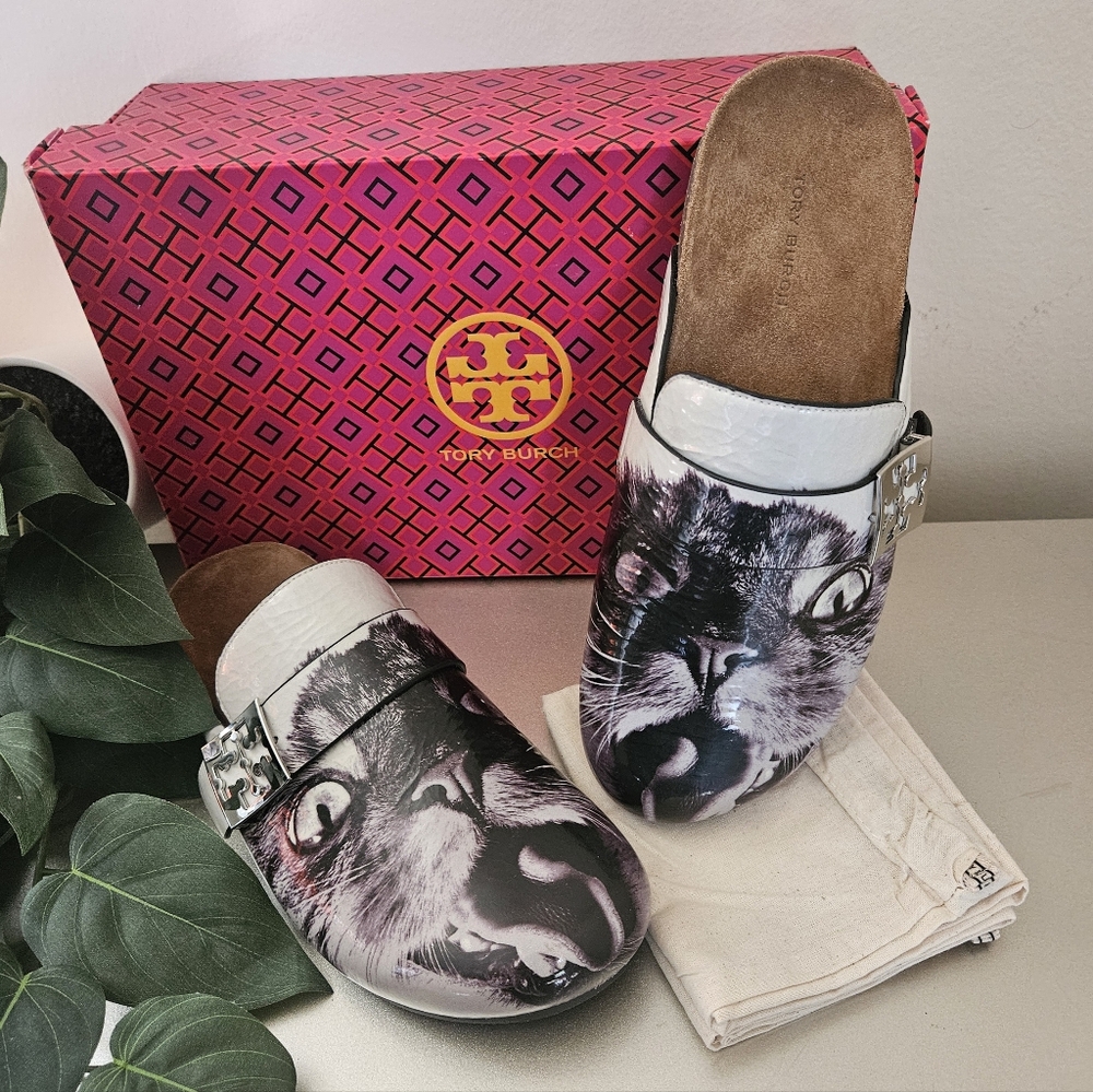 Tory Burch nib cat print limited edition slide leather mule clog shoes  8 1/2